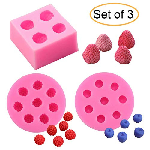 3Pcs/Set 3D Mini Strawberry, Raspberry & Blueberry Silicone Fondant Molds Soap Candle Mulberry Wax Melts Molds Berries Chocolate Candy Mold for Cake Cupcake Topper Decoration