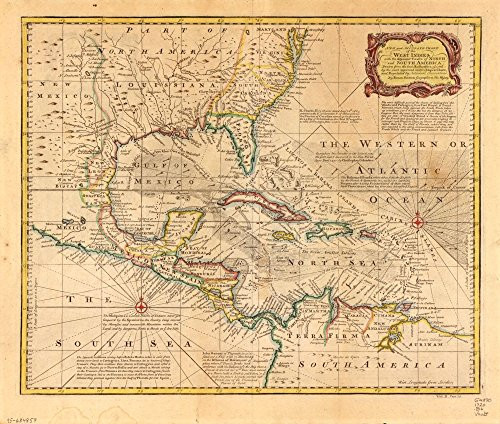 1720 map A New and Accurate Chart of The West Indies with The Adjacent coasts of North and South America|Size 20x24 - Ready to Frame| Caribbean Area