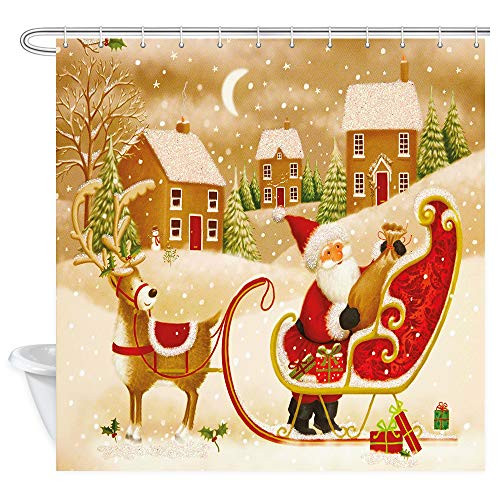 Christmas Shower Curtain, Xmas Santa Claus Reindeer Sleigh at Fantasy Winter Forest New Year Holiday Decorative Shower Curtain for Bathroom, Bathroom Curtain 12PCS Hooks, 69X70 in