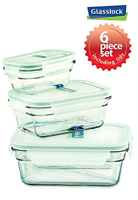 Snaplock Lid Tempered Glasslock Storage Containers 6pc set Rectangle~Microwave & Oven Safe Spill Proof