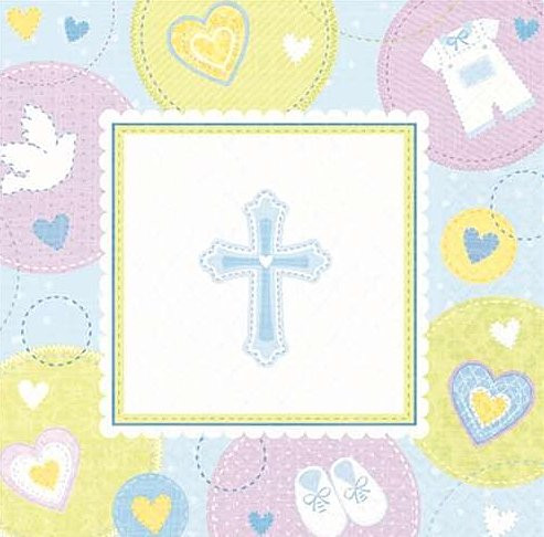 amscan Sweet Christening Blue Cross Beverage Napkins - 2 Ply - 16/Pack