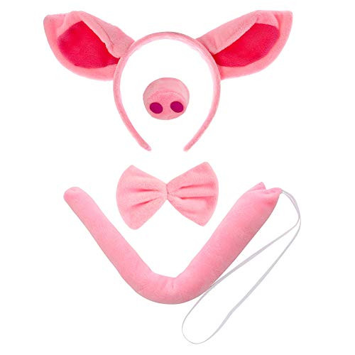 XINRUI BKpearl 4 Piece Pig Costume Accessories, Pig Ears Headband Pig Nose Tail and Bowtie for Cosplay Show Party