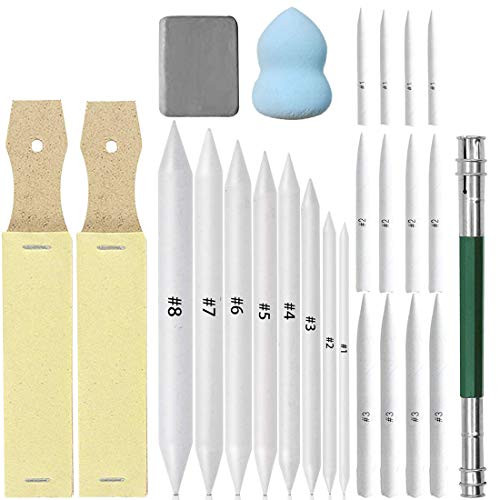 Pantinue Set of 25 Blending Stumps Tortillions Set Pieces Sandpaper Pencil Sharpener and One Pencil Extension Tool Drawing Art kneaded Erasers and Gloss Erasers for Student Sketch Drawing (25)