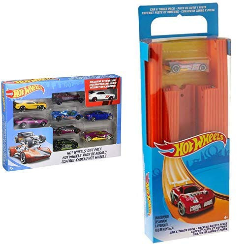 Hot Wheels 9-Car Gift Pack (Styles May Vary) AND Hot Wheels Track Builder Straight Track with Car