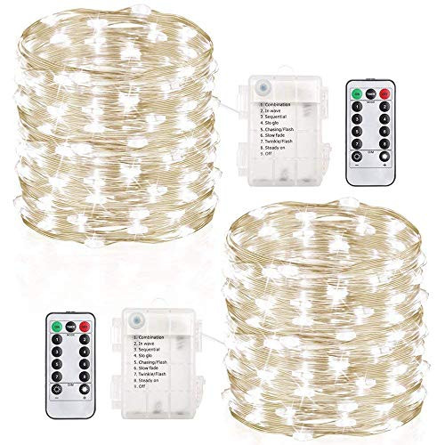 ENUOLI 2 Set Cool White String Lights 8 Modes 50LED Fairy Lights Battery Operated 16.4FT Twinkle Firefly Lights with Remote Timer for Bedroom Patio Garden Wedding Party Festival Indoor Decor