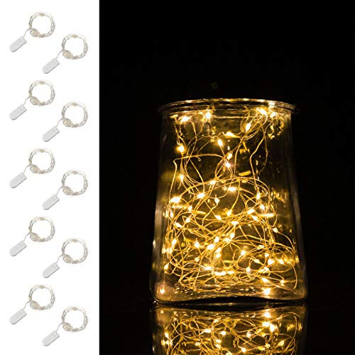 10 Pack Starry String Lights 6.6 ft 20 Micro LED Battery Operated Fairy Lights Waterproof Copper Wire String Lights Mason Jar Lights Firefly Lights for DIY Wedding Party Christmas Decor (Warm White)