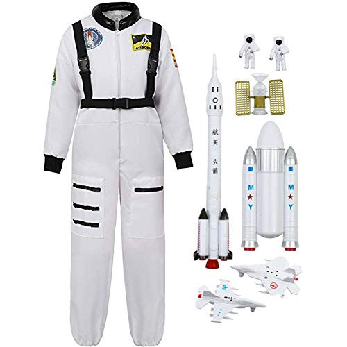 Children's Astronaut Costume Jumpsuit + Space Rocket & Shuttle Adventure 7 Piece Space Toy Set (110-120CM, White)