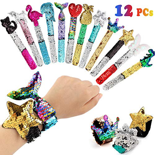 Qunan 12 Pcs Slap Bracelets Mermaid Party Favors Bags Gifts for Kids Class Prizes Two-Color Decorative Reversible Charm Sequins Flip Wristband Slap Bracelets for Girls