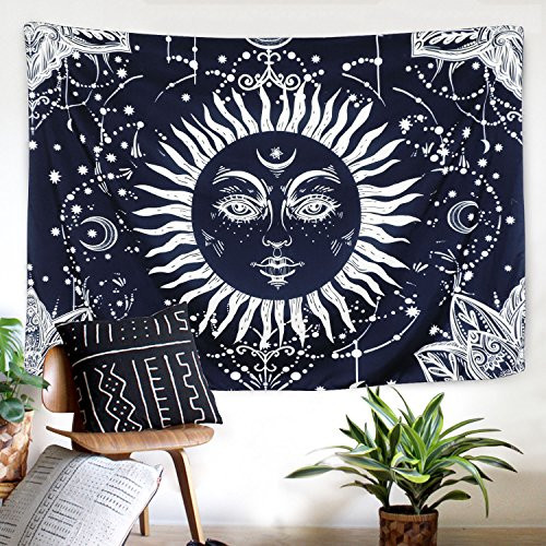 Ice jazz Burning Sun and Moon Tapestry Psychedelic Sun Tapestry Dark Blue White Mystic Celestial Tapestry Wall Hanging (Moon and Sun, 59.1?×59.1?)
