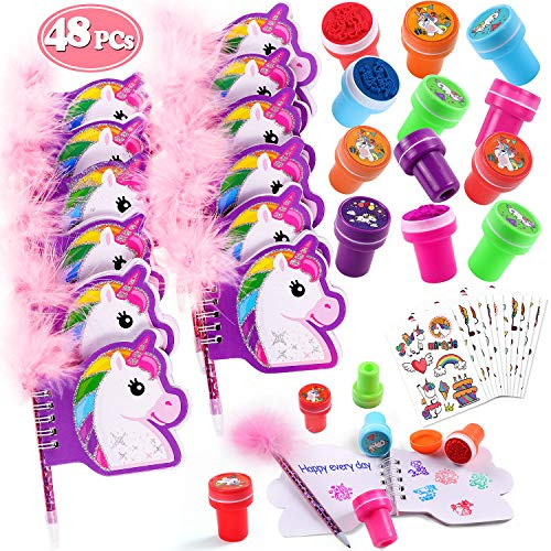 JoyJon Unicorn Party Favors for Kids, Unicorn Party Decorations 48 Gift Pack - 12 Mini Notebooks - 12 Feather Pens - 12 Stampers -12 Temporary Tattoos - Ideal As Party Favor, Reward Prizes, carnival And Events.