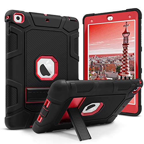 IDWELL iPad 9.7 Case 2018/2017, 6th/5th Generation, [Three Layer Series] Hybrid Shockproof Rugged Drop Protection Soft Silicone Cover with Kickstand iPad 9.7 inch A1893/A1954/A1822/A1823, Red+Black