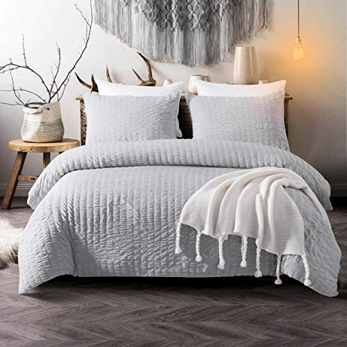 IKONICASA Seersucker Duvet Cover Set 3 Piece Natural Style Washed Microfiber Polyester Comforter Cover with 2 Pillowcases, Light Gray, King