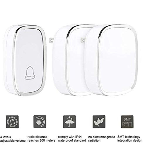 Wireless Doorbell, INDARUN IP44 Waterproof Doorbell Kits Operating at 1000 Feet with 1 Push Button Transmitter and 2 Plug-in Receivers 36 Chimes 4 Level Volume (Battery Included)