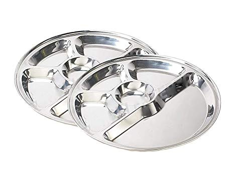 IndiaBigShop Stainless Steel Five Compartment Round Plate, Thali, Mess Tray, Dinner Plate - Set of 2