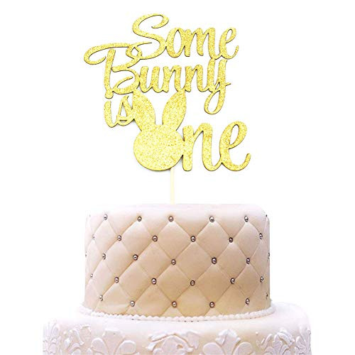 Some Bunny Is One Cake Topper, Boys Girls First Birthday Party Decorations, Bunny 1 Cupcake Toppers - Gold Glitter