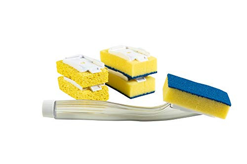 Dish Scrub Sponge Soap Dispensing non-leak handle with 2 replacement scrubber sponges and 2 non-abrasive replacement sponges