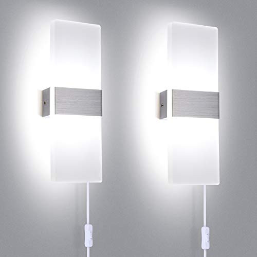 TRLIFE Modern Wall Sconces Set of 2, Plug in Wall Sconces 12W 6000K Cool White Acrylic Wall Sconce Lighting with On/Off Switch