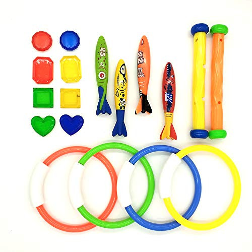 Diving Toys Swimming Pool Toys,18 PCS Underwater Training Pool Toys Accessories Set Set 4 Dive Ring,4 Throw Torpedo Bandit,2 Diving Sticks,8 Jewel Gem