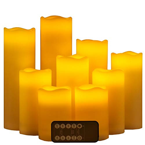 Flameless Candles LED Votive Candle Set of 9 (D 2.5" x 4" 5" 6" 7" 8" 9") Flickering Ivory Color Electric Candles aa Battery Operated, Real Wax LED Pillar Candle Sets with Remote Control and Timer Flameless Candles LED Votive Candle Set of 9 (D 2.5" x 4" 5" 6" 7" 8" 9") Flickering Ivory Color Electric Candles aa Battery Operated, Real Wax LED Pillar Candle Sets with Remote Control and Timer