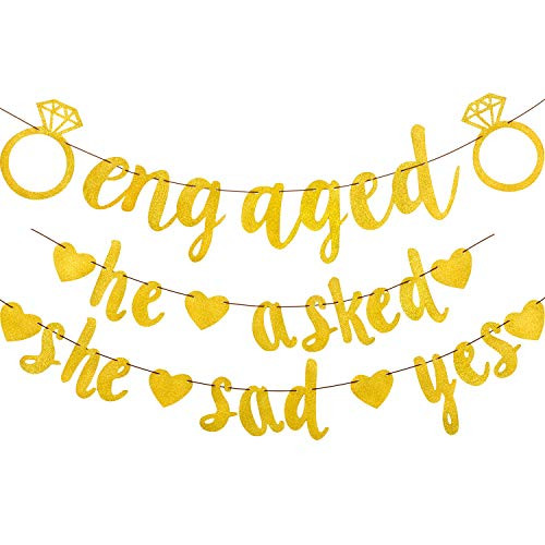 2 Pieces Engagement Party Banner Decoration, Include He Asked She Said Yes Banner and Engaged Banner for Wedding and Engagement (Gold)