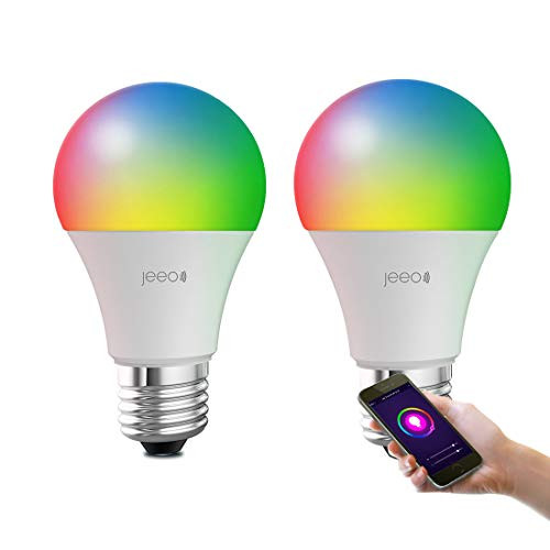 Jeeo Smart WiFi Light Bulb LED RGB Color Changing Dimmable Bulb Compatible with Alexa, Google Home Assistant, IFTTT (No Hub Required), A19 800 Lumens/60W Equivalent, Jeeo App Remote Control (2 Pack)