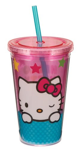 Vandor 18114 Hello Kitty Stars 18 oz Acrylic Travel Cup with Lid and Straw, Multicolor