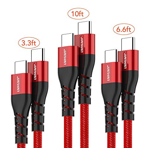 USB C to C Cable,JianHan 3 Pack (3.3ft+6.6ft+10ft) USB Type C Fast Charging Braided Charger Cord for MacBook Pro,iPad Pro 2018,Google Pixel 2/3/3a/2 XL/3 XL/3a XL,Nexus 6P 5X,Huawei Matebook (Red)