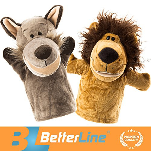 BETTERLINE Animal Hand Puppets Set of 2 Premium Quality, 9.5 Inches Soft Plush Hand Puppets for Kids- Perfect for Storytelling, Teaching, Preschool, Role-Play Toy Puppets (Lion and Wolf)