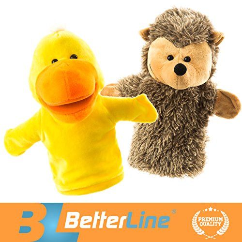 BETTERLINE Animal Hand Puppets Set of 2 Premium Quality, 9.5 Inches Soft Plush Hand Puppets for Kids- Perfect for Storytelling, Teaching, Preschool, Role-Play Toy Puppets (Duck and Hedgehog)