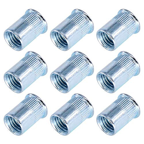 Swpeet 50Pcs 1/2-13" Imperial Zinc Plated Carbon Steel Blue White Knurled Rivet Nut Flat Head Threaded Insert Nutsert