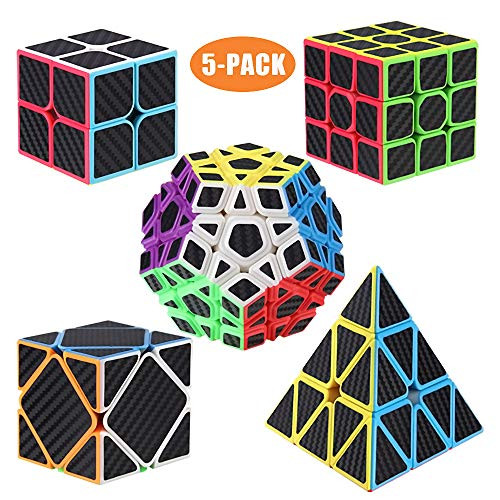 Roxenda Speed Cubes, [5 Pack] Speed Cube Set - 2x2x2 3x3x3 Megaminx Skew Pyramid Cube Carbon Fiber Sticker Magic Cubes Collection Puzzle Boxes Toy