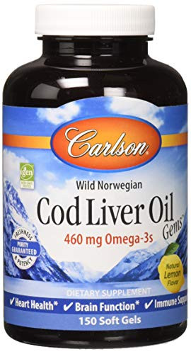 Carlson Cod Liver Oil, Lightly Lemon, 460 mg Omega-3s, Heart & Immune Health, 150 Soft Gels
