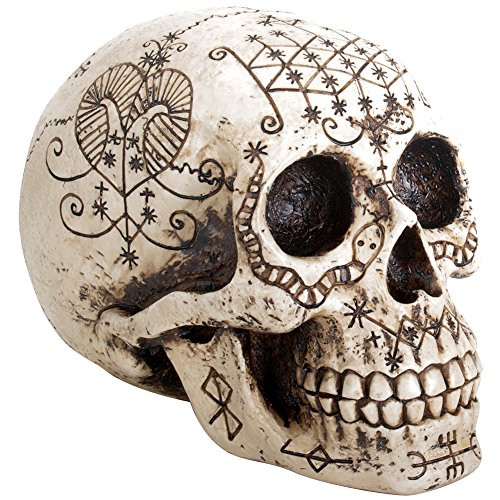 YTC Summit International Human Skull Etched with Voodoo Tattoo Symbols Figurine Natural Bone Finish New