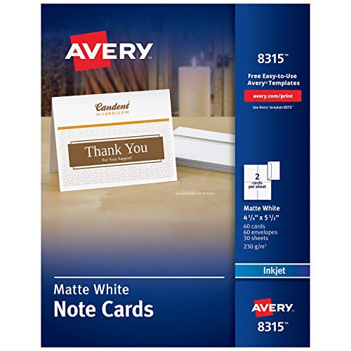 Avery Printable Note Cards, Inkjet Printers, 60 Cards and Envelopes, 4.25 x 5.5, Heavyweight (8315), White