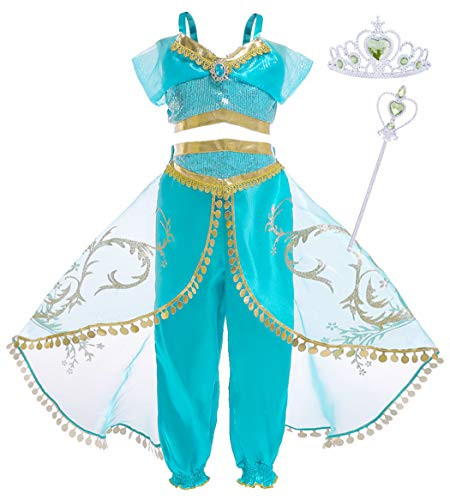 Jurebecia Girls Princess Jasmine Dress Up Costumes Halloween Party Fancy Dress Blue Size 3T