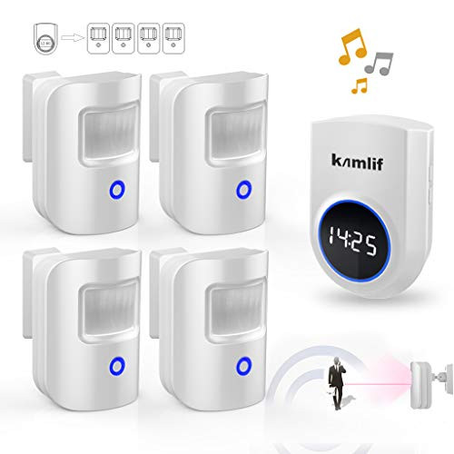 Wireless Driveway Alarm,Kamlif Home Security Driveway Alarm 1 Receiver and 4 PIR Motion Sensor,Patrol Infrared Alert System Kit Motion Sensor & Detector,Stay Safe & Protect Home,Gate,Outside Property.