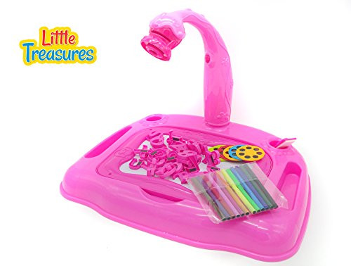 Little Treasures Artist Easel for Kids, Projector Pink Learning Desk 4-in-1 Table Lamp, Projection Painting and Spelling Sketch Kit