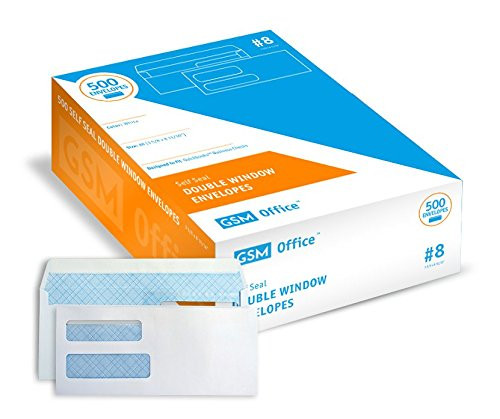 Self Seal Double Window Security Envelopes (#8 - Box of 500), for Quickbooks Checks (3 5/8" x 8 11/16")