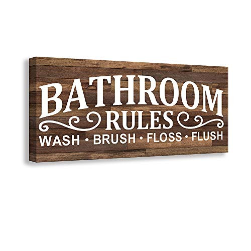 Kas Home Vintage Bath Canvas Wall Art | Rustic Bathroom Rules Prints Signs Framed | Bathroom Laundry Room Decor (8 X 16 inch, Bathroom Rules)