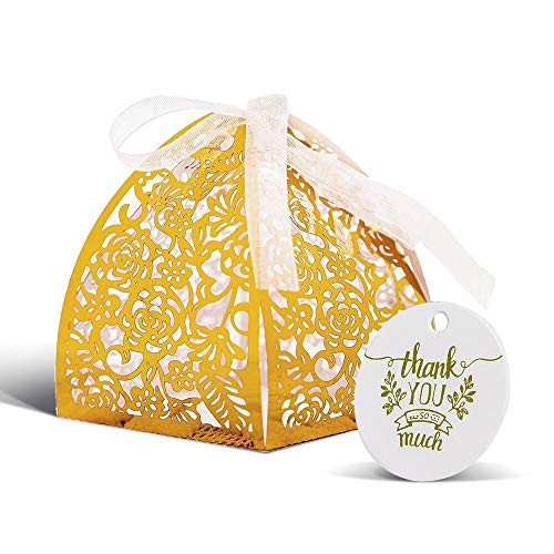 KAZIPA 50pcs Laser Cut Rose Wedding Party Favor Boxes with Thank You Tag, 2''x2''x2.4'' Gift Candy Boxes for Anniverary Party Wedding Favor (Gold) KAZIPA 50pcs Laser Cut Rose Wedding Party Favor Boxes with Thank You Tag, 2''x2''x2.4'' Gift Candy Boxes for Anniverary Party Wedding Favor (Gold)