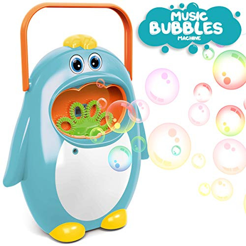 AMPLE TOY Automatic Bubble Machine with Bubble Solution for Kids Toddlers, Penguin Bubble Blower Maker for Party, Wedding, Outdoor Indoor Games, Battery Operated (Not Included)?Blue (Blue)