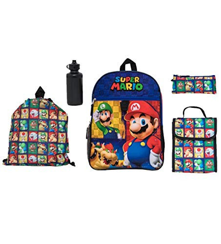 Kids Nintendo Mario School 5 Pc Set Backpack, Cinch Sack, Lunch Bag, Zip Pouch & Water Bottle Set