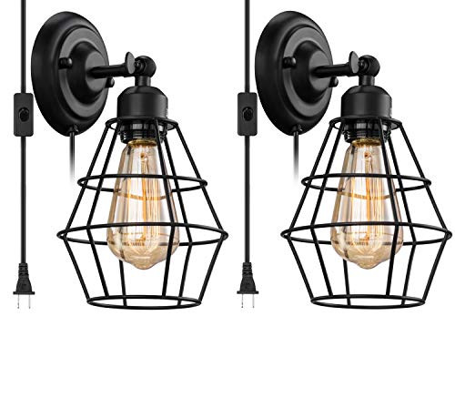 Vintage Plug in Wall Sconce 2 Pack, Elibbren Hardwired Industrial Edison Wire Cage Wall Light with 5.9FT Plug in Cord, Rustic Wall Light Fixture for Headboard, Bedroom, Nightstand, Porch Vintage Plug in Wall Sconce 2 Pack, Elibbren Hardwired Industrial Edison Wire Cage Wall Light with 5.9FT Plug in Cord, Rustic Wall Light Fixture for Headboard, Bedroom, Nightstand, Porch