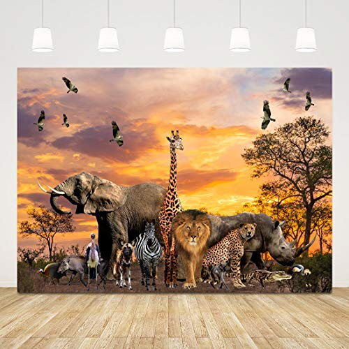 Tropical African Safari Backdrop Prairie Animals Jungle Backgrounds for Photography 7x5ft Sunset Lion Elephant African Jungle Backdrop Wild One Decorations 1st Birthday Banner Africa Photo Booth Props