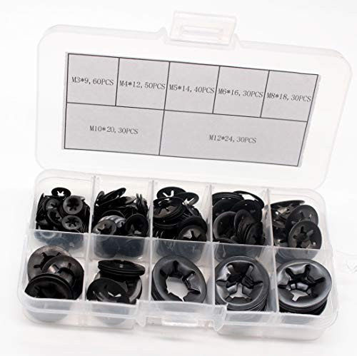 M3 M4 M5 M6 M8 M10 M12 65 Manganese Internal Tooth Starlock Push on Locking Washers Assortment Kit,Metal Quick Speed Locking Washers,Black Oxide Finish,Push-on Locking Washer Fastener(270pcs)