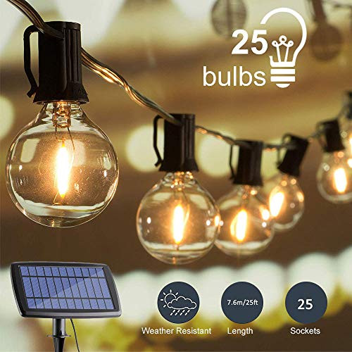 Upook 25FT G40 Solar String Lights with 25 Clear LED Bulbs, Outdoor Patio String Lights, Warm White Ambience, Indoor & Outdoor Decor for Patio Garden Backyard Bistro Pergola Tents Gazebo