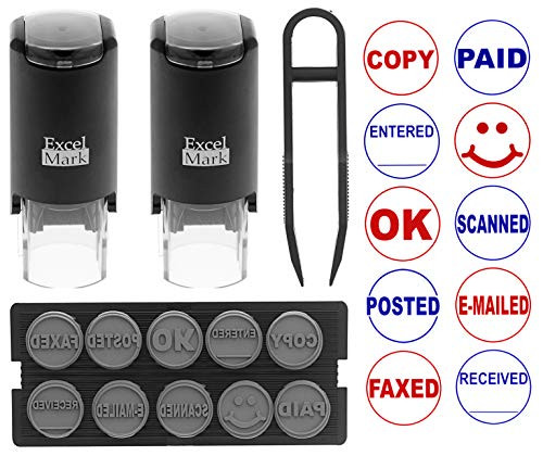 ExcelMark A17 DIY Self-Inking Rubber Office Stamp Kit  Ten Designs  Red and Blue Ink