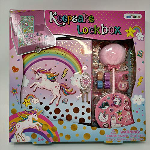 Hot Focus Unicorn Keepsake Lockbox Set: Storage Treasure Box w/Lock & Key, Pom Pom Pen, 4 Glitter Tapes, Dispenser & 3D Puff Sticker Best for Back to School for Girls Tween Kids