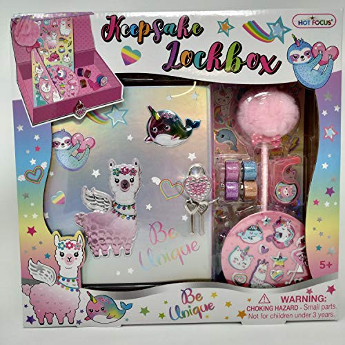 Hot Focus Magical Friends Llama Keepsake Lockbox Set: Storage Treasure Box w/Lock & Key, Pom Pom Pen, 4 Glitter Tapes, Dispenser & 3D Puff Sticker Best for Back to School for Girls Tween Kids