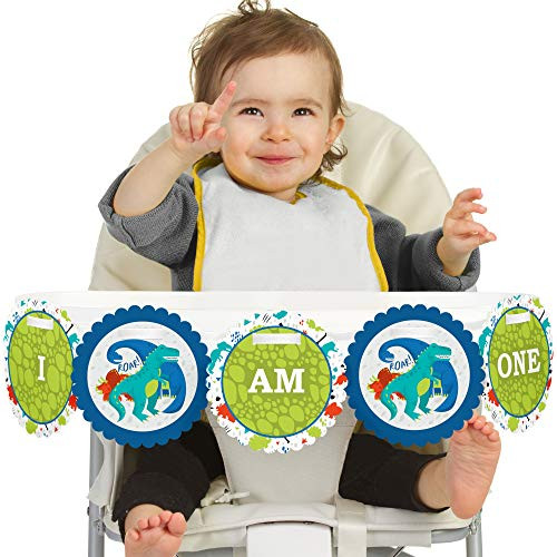 Big Dot of Happiness Roar Dinosaur 1st Birthday - I Am One - First Birthday High Chair Banner